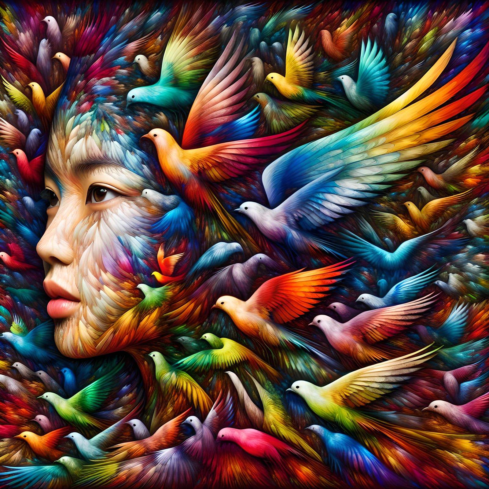 Vibrant Birds Form a Beautiful Girl's Face