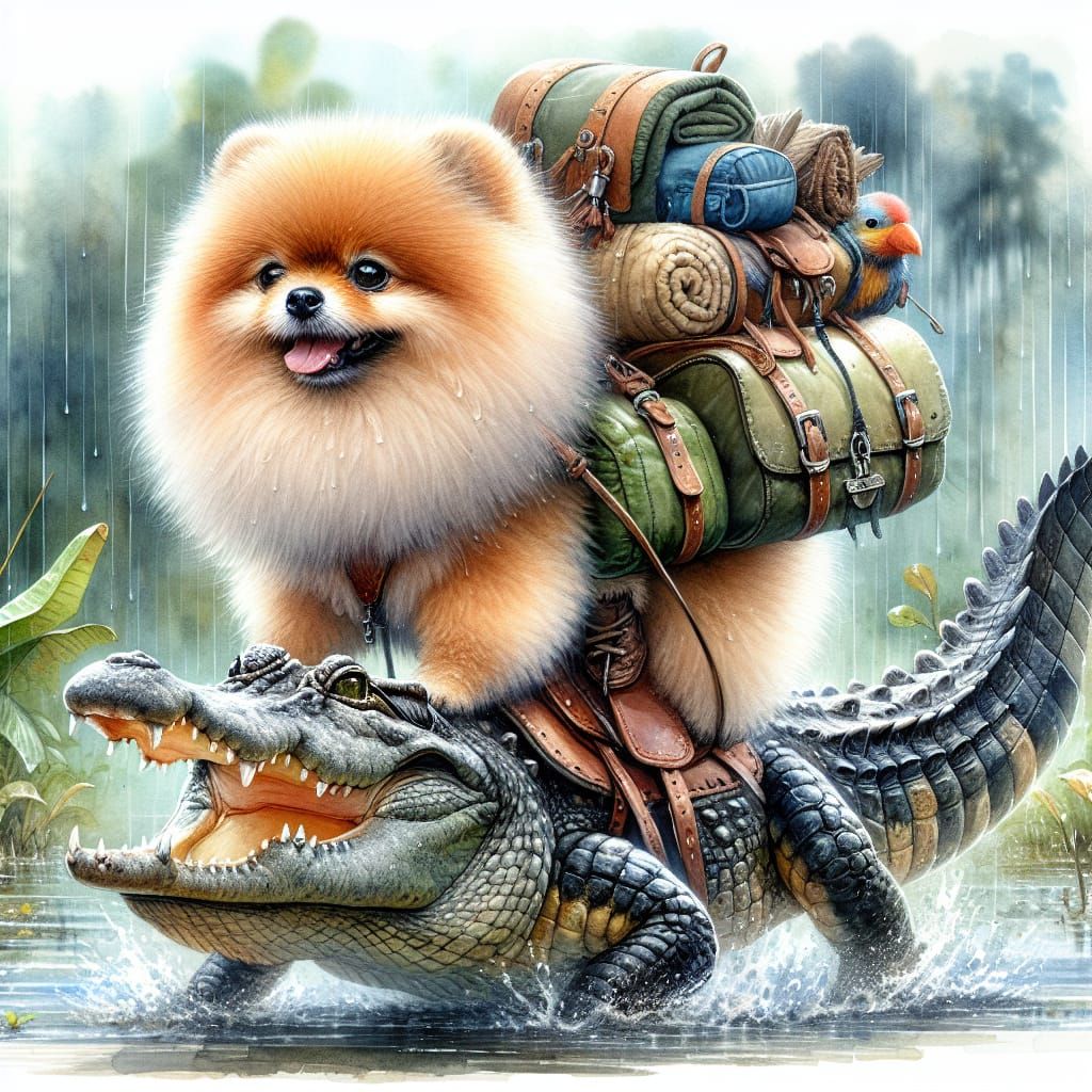 Photorealistic Pomeranian Rides Crocodile in Rainy Jungle Sc...