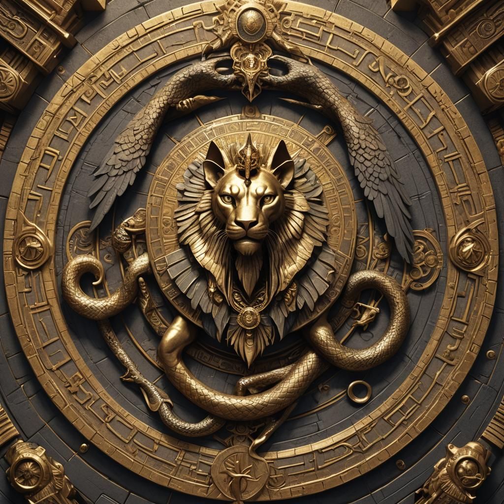 Ornate Gold Coin with Mythical and Angelic Symbols