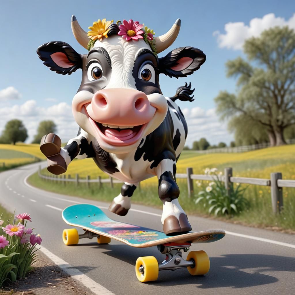 bid bobble head cow dancing, a horse enthusiastically riding a skateboard down a country road, flowers and grass waving...