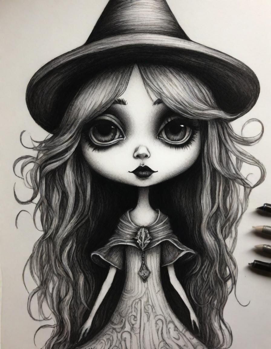Chibi Witch in Tim Burton Style Charcoal Drawing