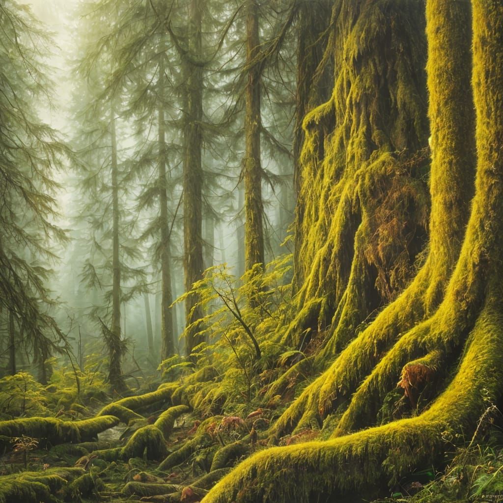 Mossy Evergreen Forest in Golden Light