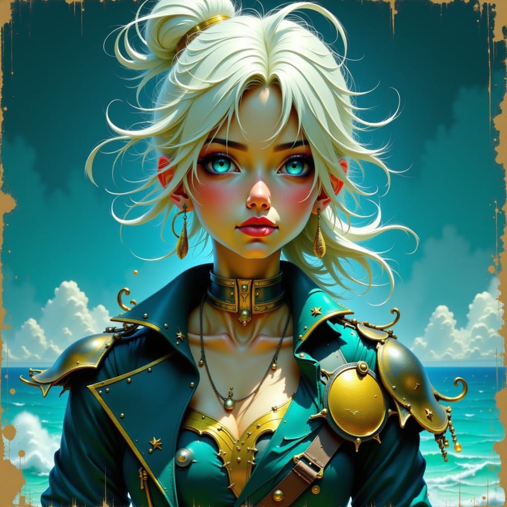 Air Genasi Pirate Woman with Ice Blue Eyes in Frazetta Style