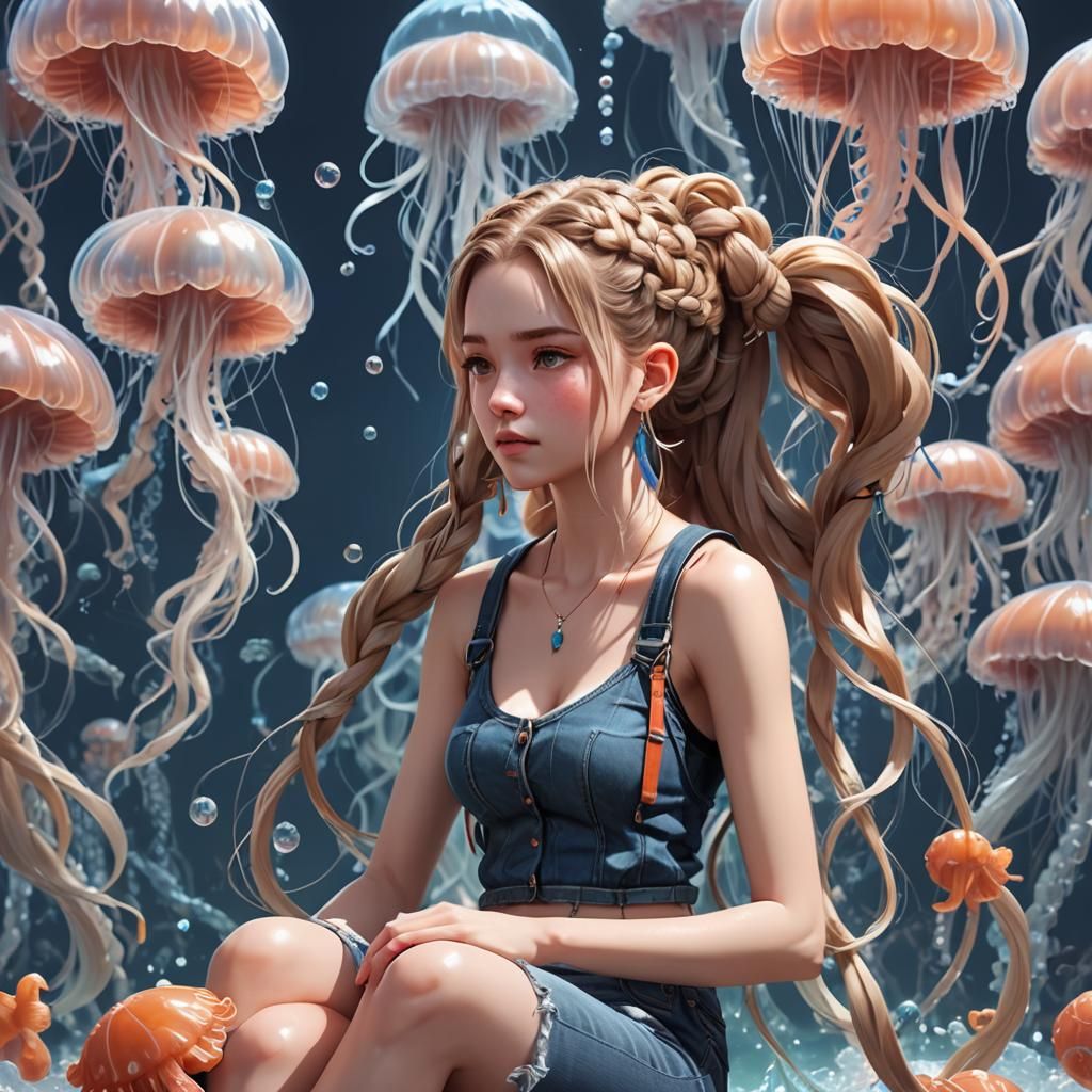 Woman on Jellyfish: Detailed 3D Anime Art