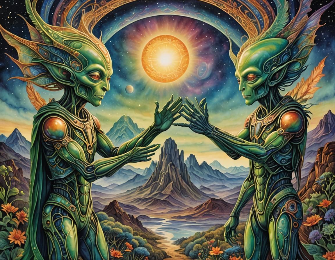 Aliens Celebrate with a High Five: Watercolor Art