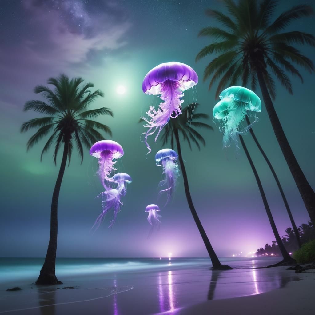 Bioluminescent Palm Trees on Dreamy Beach, Surreal Oil Paint...