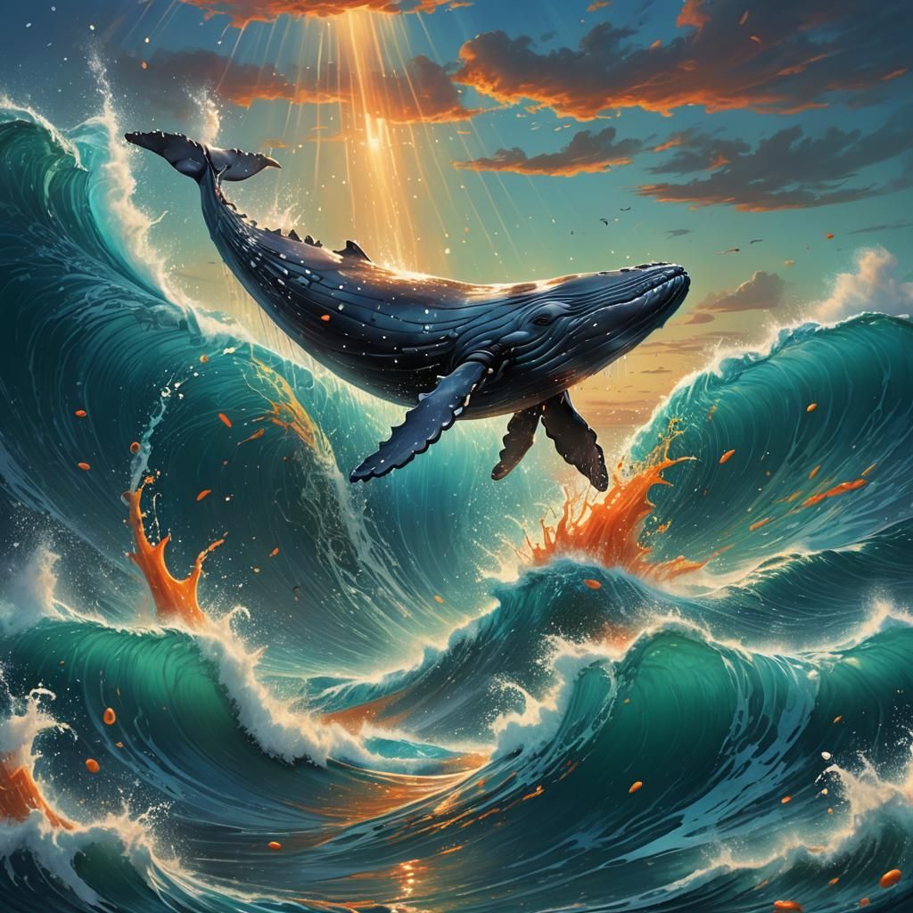 Majestic Whale Leaps: Fantasy Art in Stylized Realism