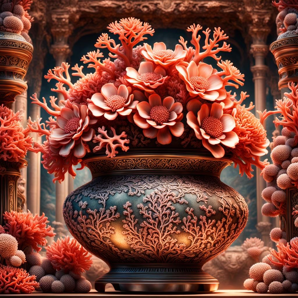 Coral Flowers in Vase: Digital Matte Painting