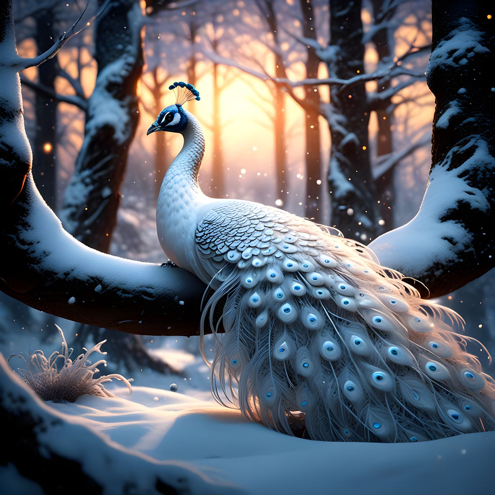 Surreal Winter Peacock in Enchanted Forest