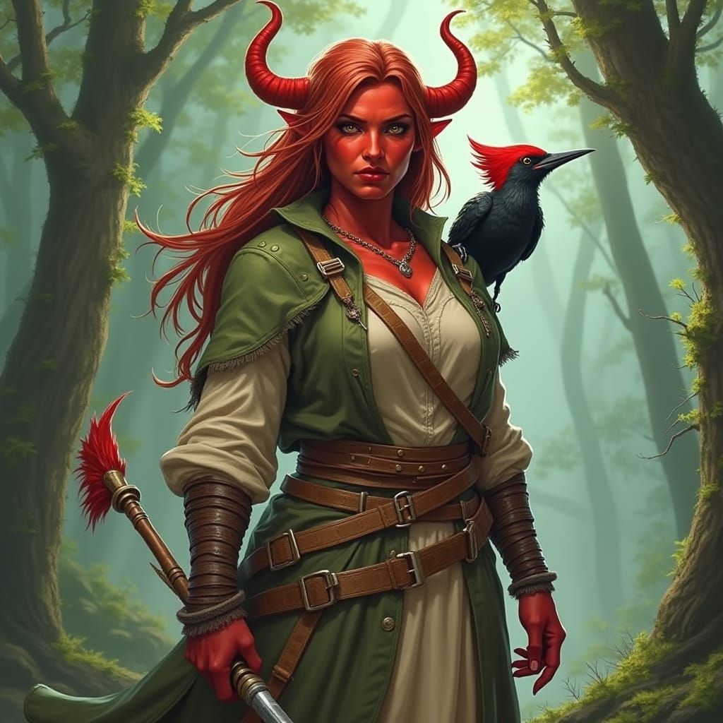 Majestic Red Tiefling Druid in Earthy Armor