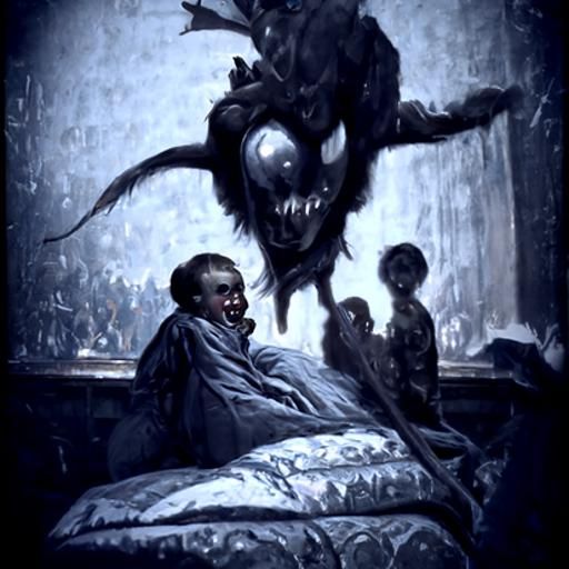 Frightened Child and Demon in Dark Horror Style