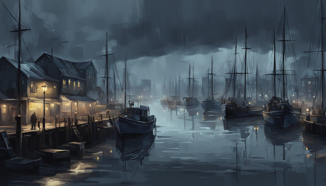 Gloomy Seaport at Dusk with Rain and Blurred Lights