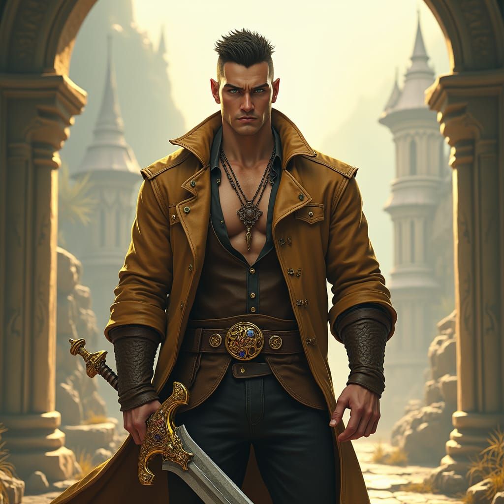 Half-Orc Warrior in Elven City, Fantasy Concept Art