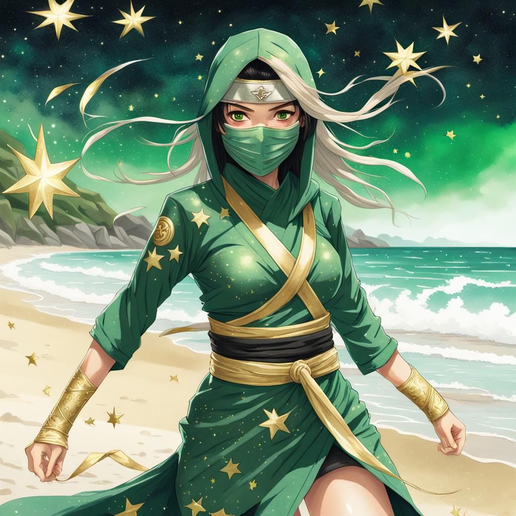Masked Ninja on Beach with Glowing Shuriken