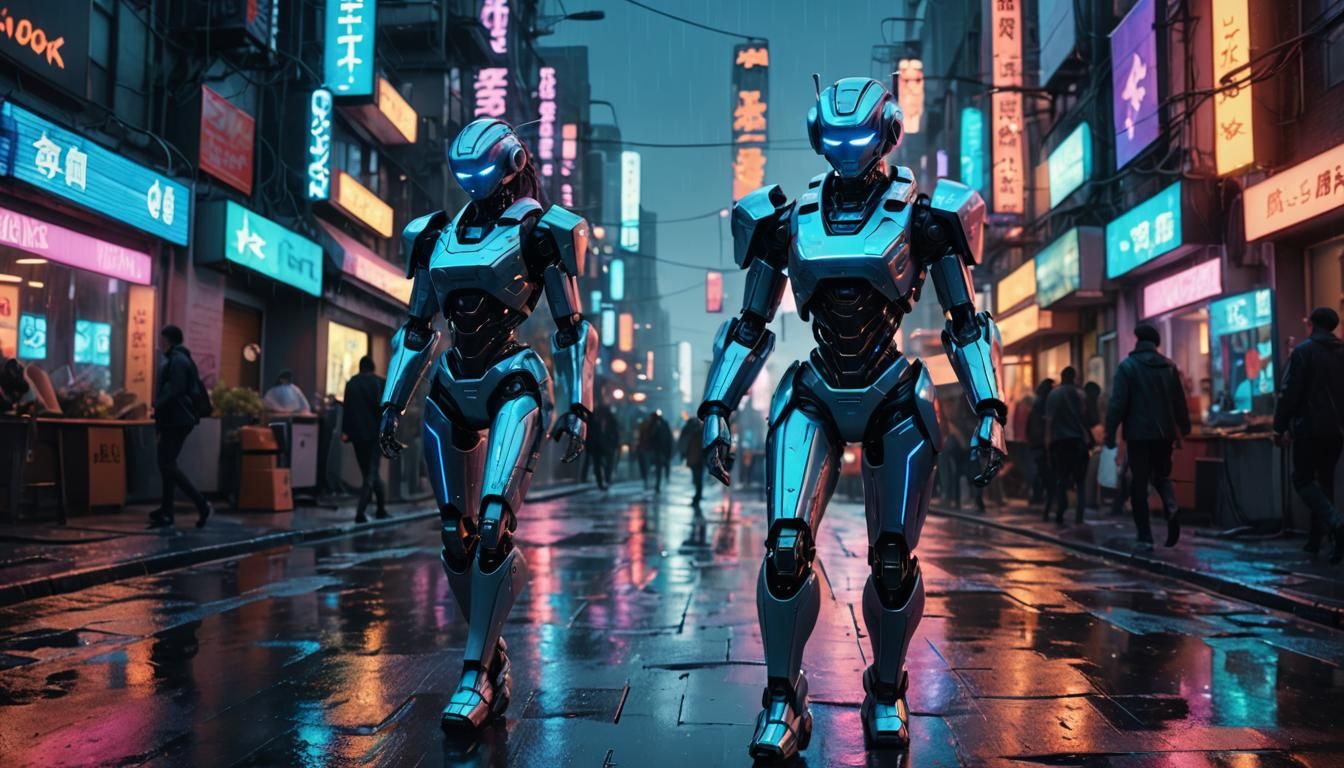 Cyberpunk Android in Rainy Cityscape