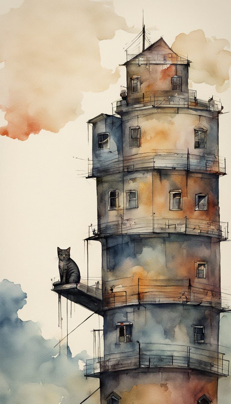Minimalist Watercolor Cat Tower in Sterile Surreal Landscape