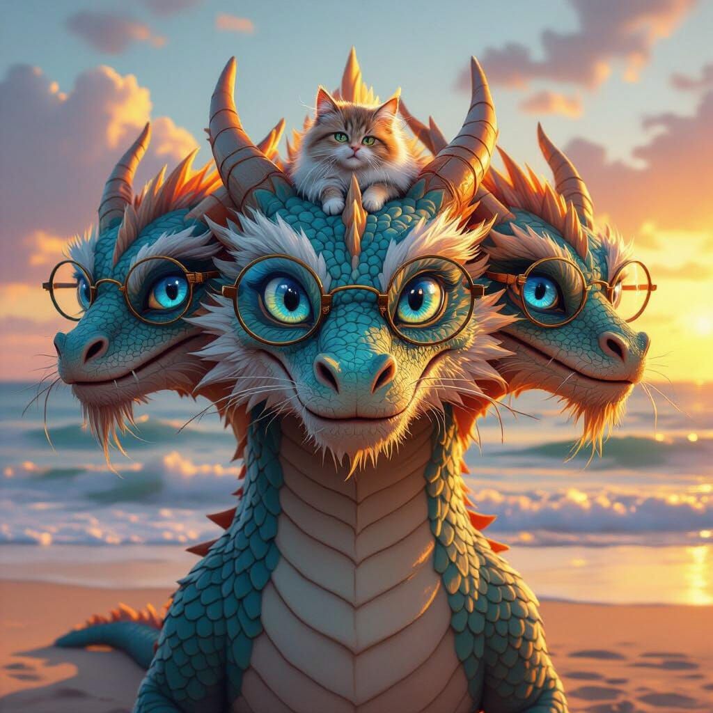 Three-Headed Dragon with Cat Wearing Glasses at Sunset