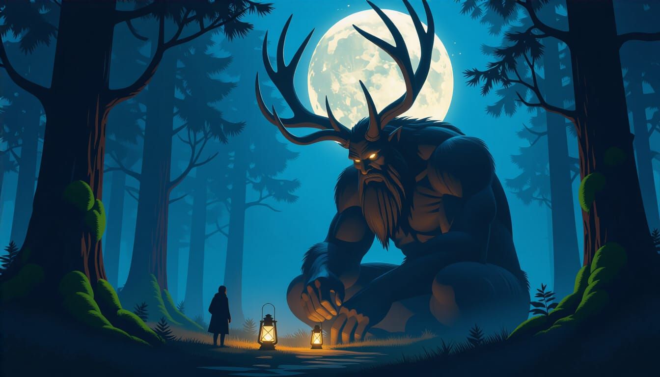 Antlered Giant Lights Lanterns in Moonlit Forest