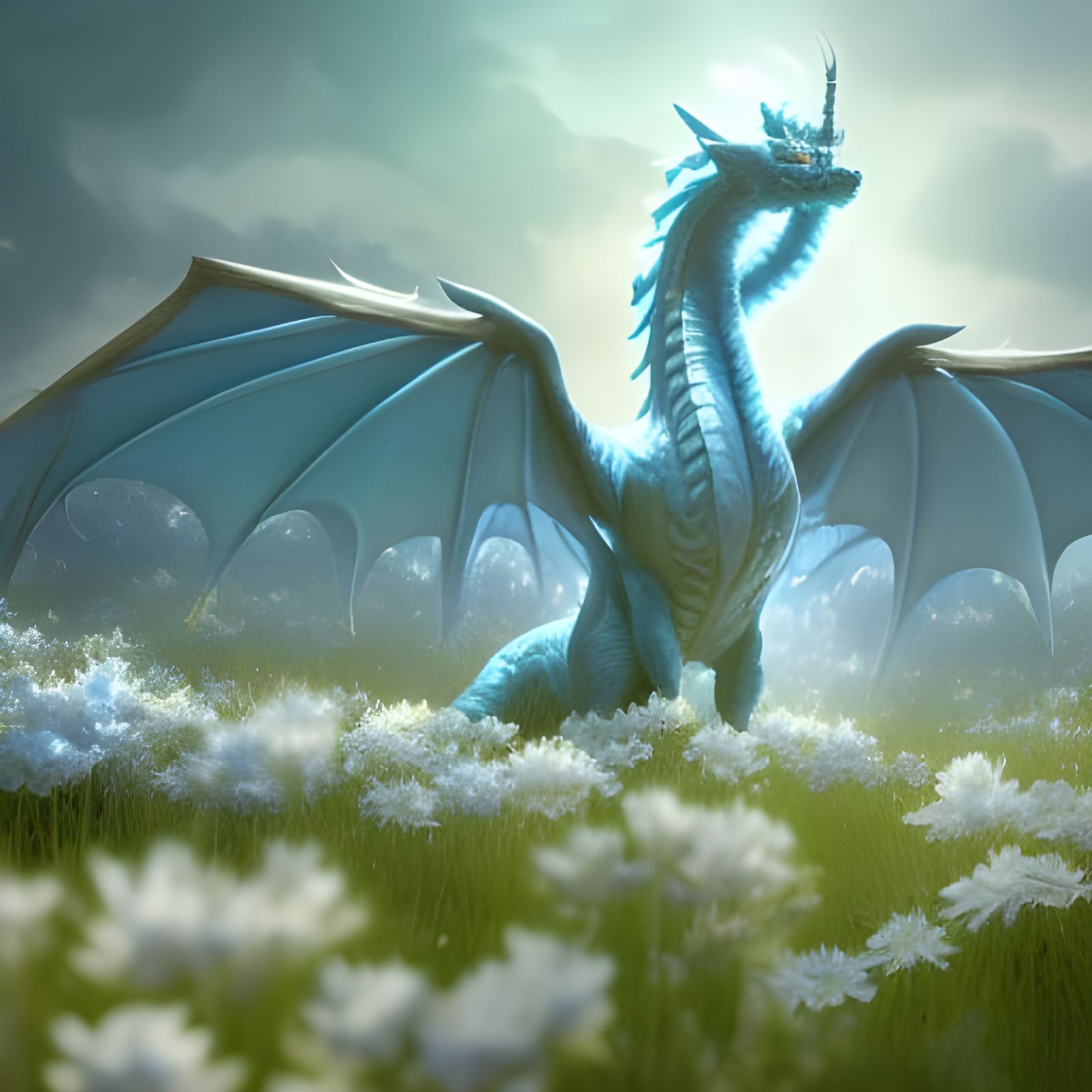 Fluffy Blue Dragon in Field of Flowers
