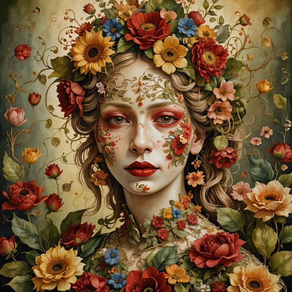 Floral Face: A Surreal Botanical Portrait in Watercolor