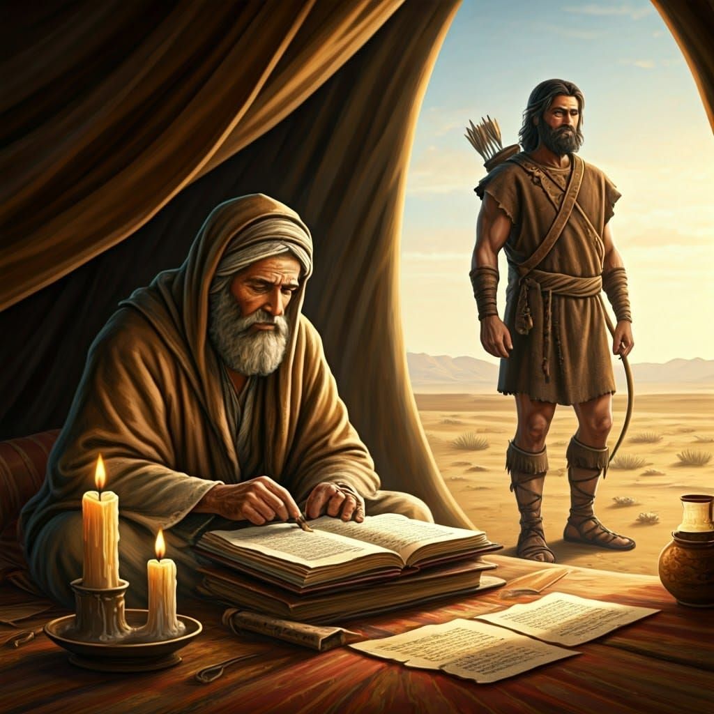 Tent Dweller Studies Torah as Hunter Scans the Desert Horizo...