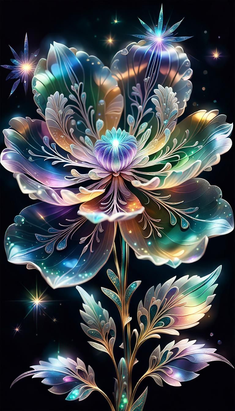 Ethereal Iridescent Fantasy Flower with Luminous Crystals