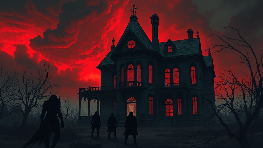 Eerie Halloween Mansion with Monstrous Figures
