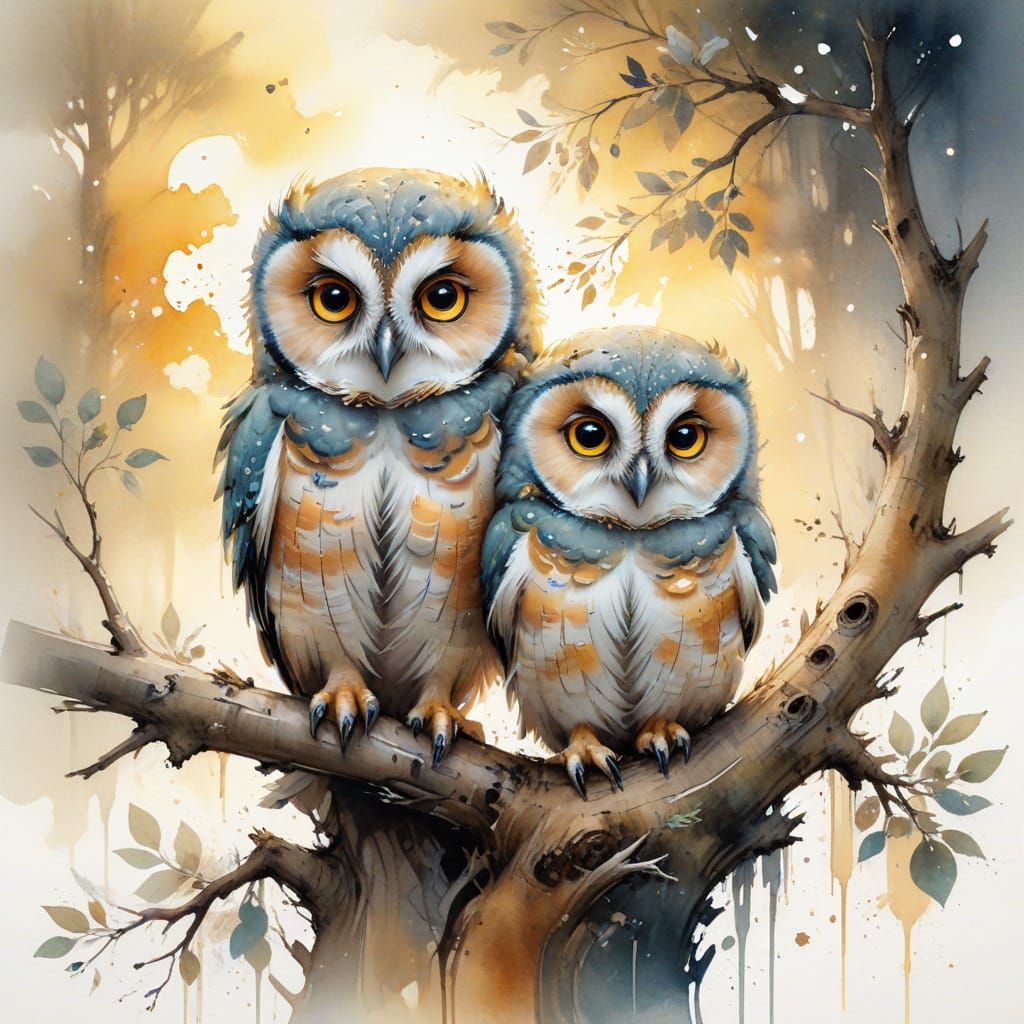 Owlets in Twilight, Whimsical Storybook Illustration