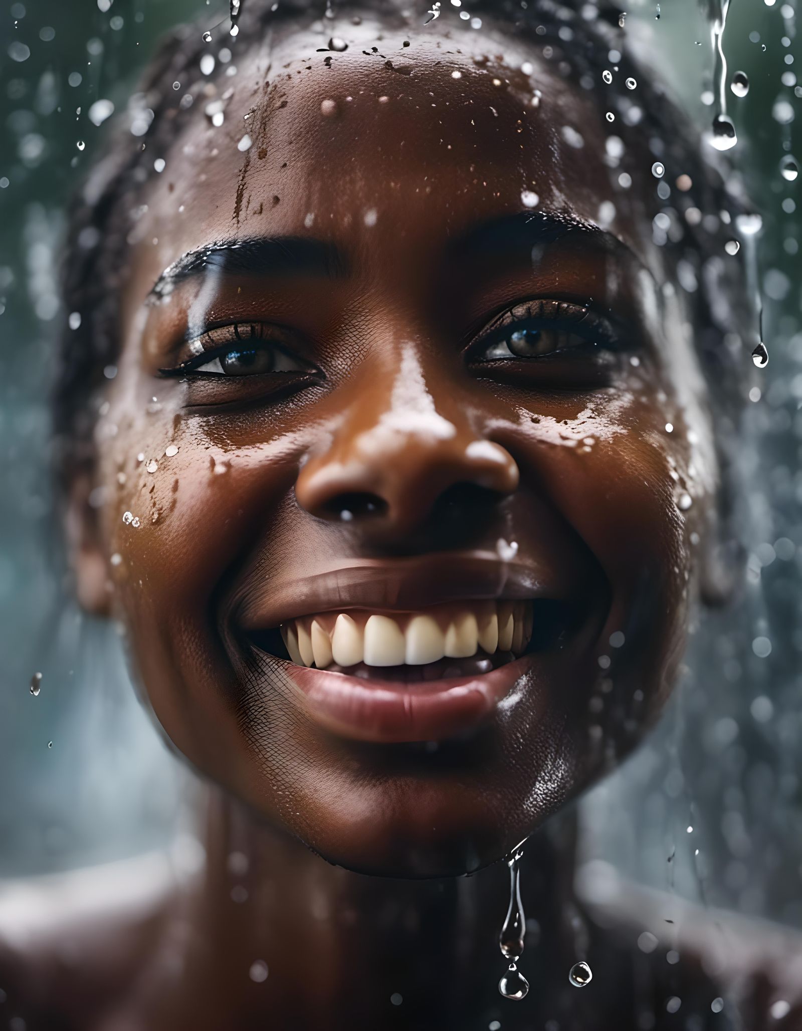 Joyful Congolese Woman in Rainy Macro Photograph