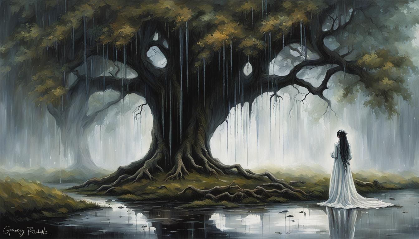 Sinister Weeping Bride Under Rainy Tree