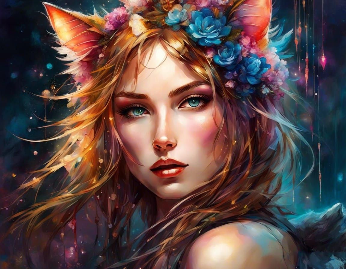 Gorgeous Neko Girl in Detailed Splash Art