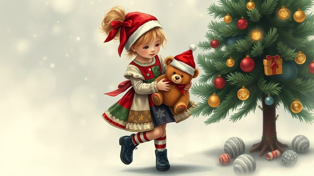 Whimsical Christmas Girl Dancing, Digital Painting Style