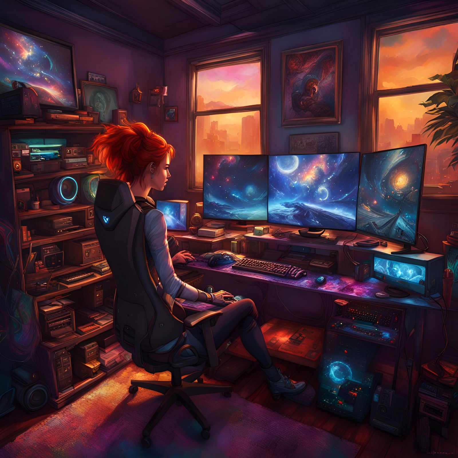 Futuristic Gaming Setup with Redheaded Girl