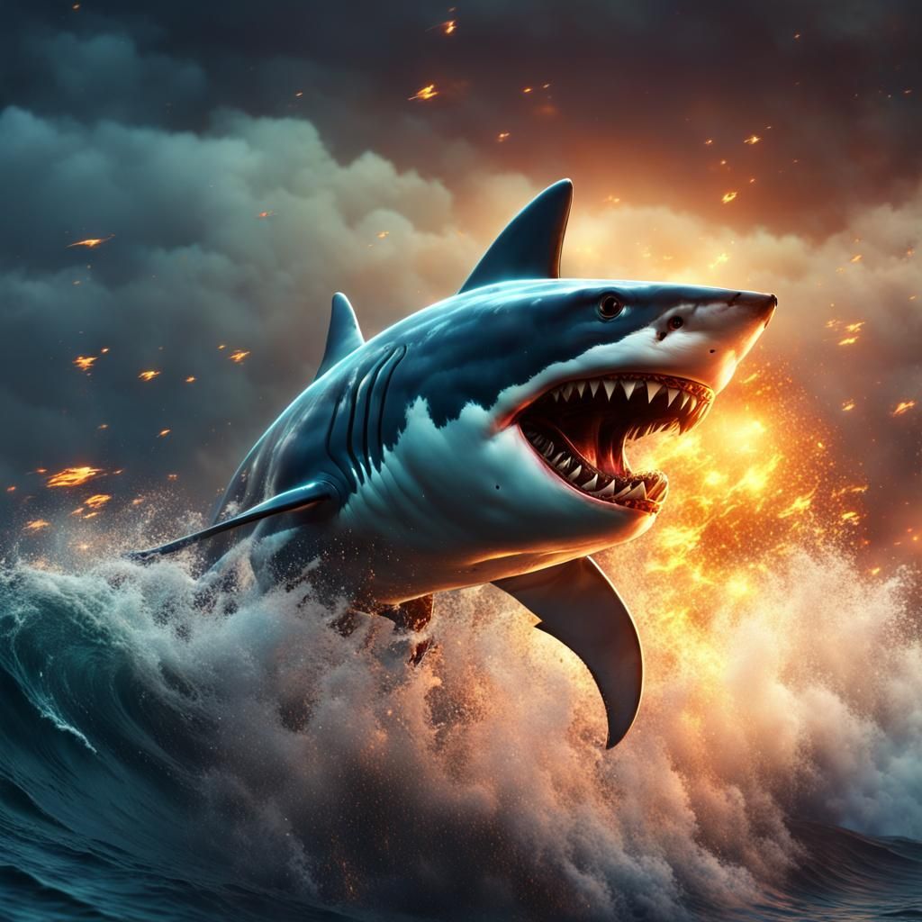Flaming Shark Leaps from the Sea: Cinematic Art