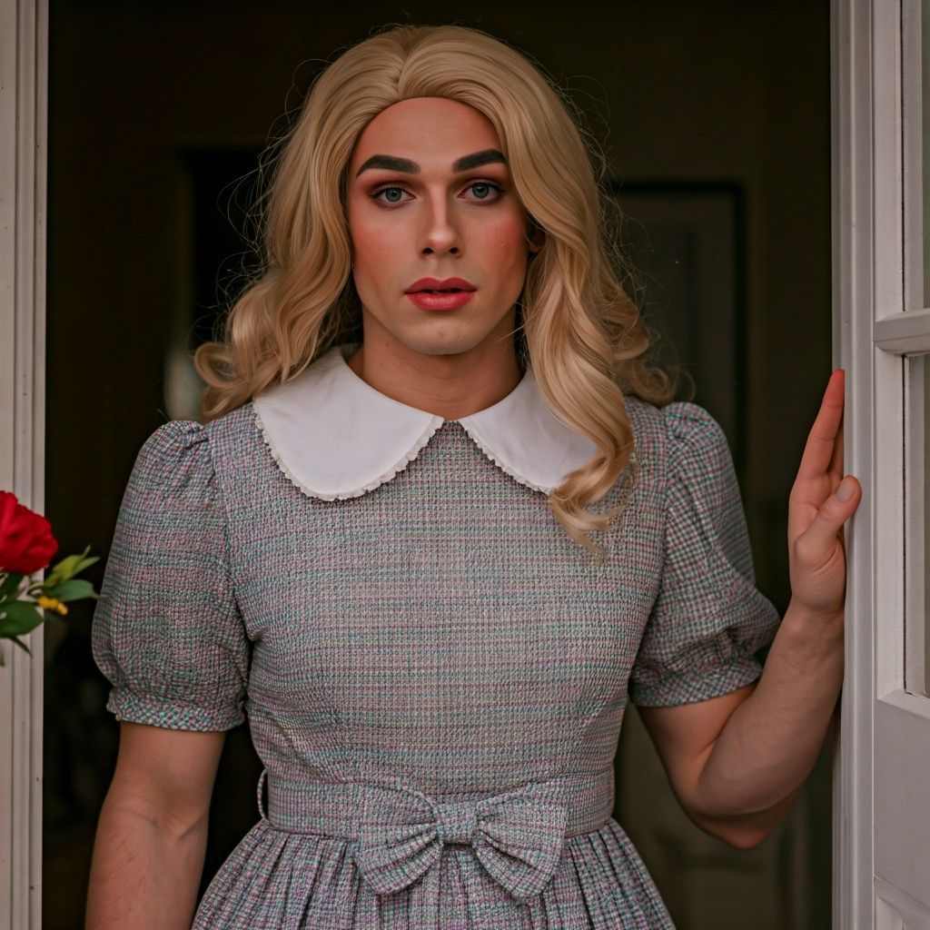 1990s Shy Guy in Tartan Dress Receives Flowers