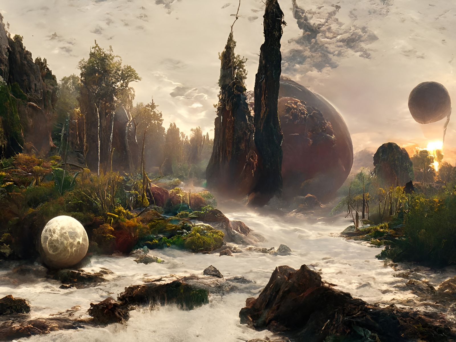 Surreal Alien Moonrise Reflects in Forest Lake