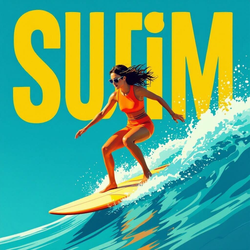 Woman Surfing Ascending Wave in Contemporary Style