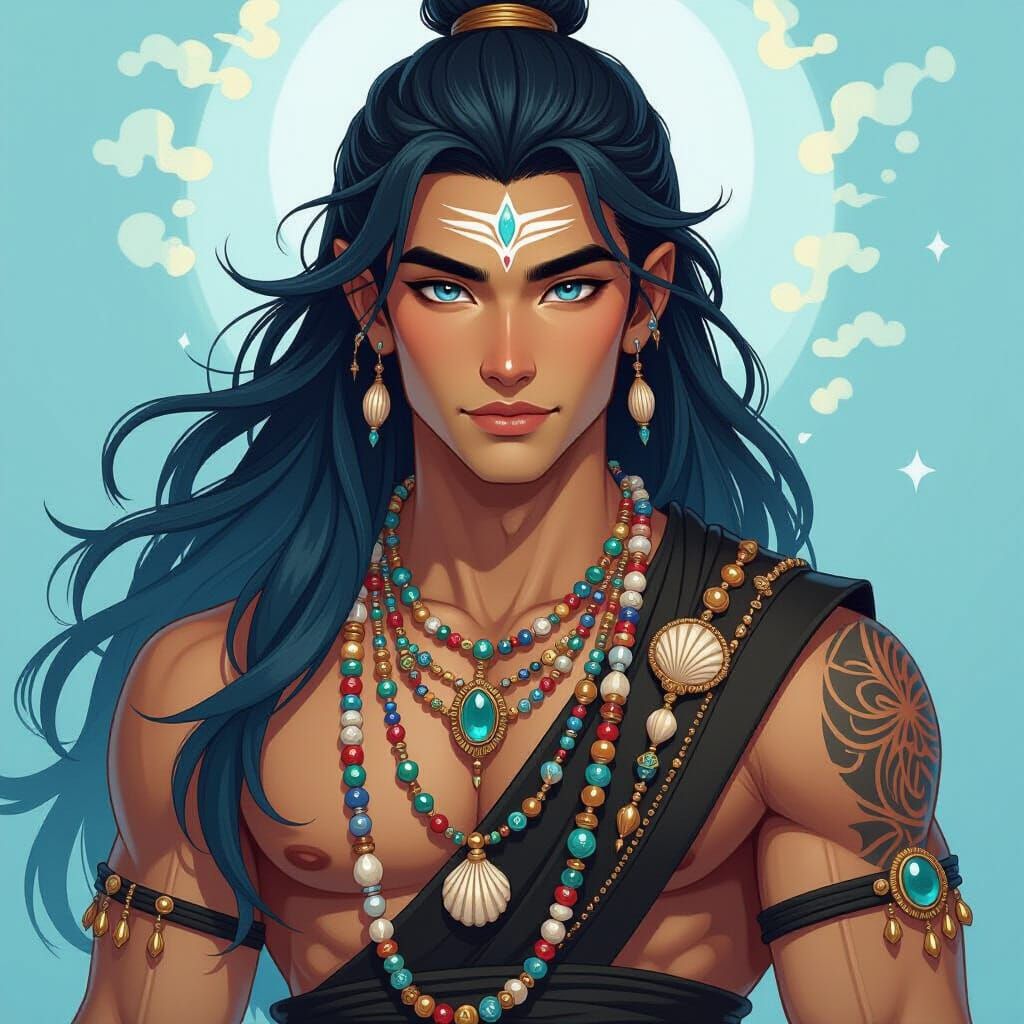 Striking Asian Sea God with Jewels and Piercings