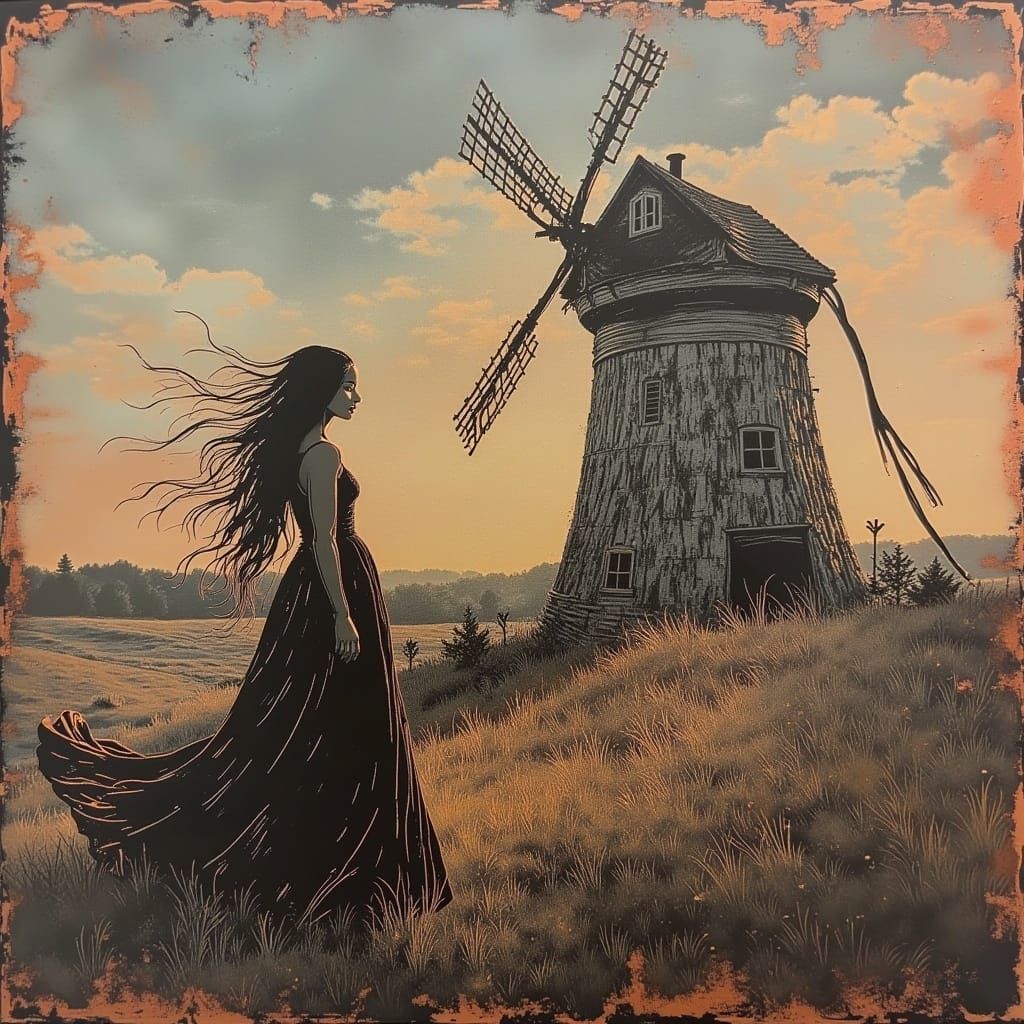 Fantasy Witch at Windmill in Digital Art Style