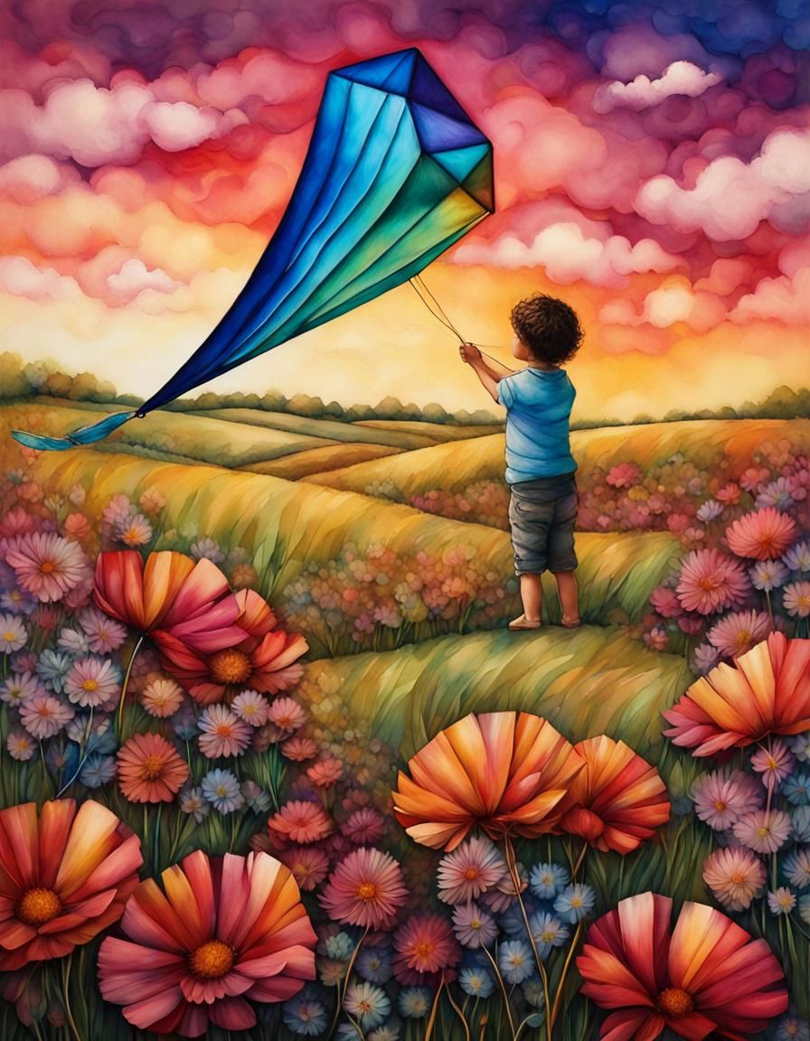 Child with Feather Kite in Flower Field