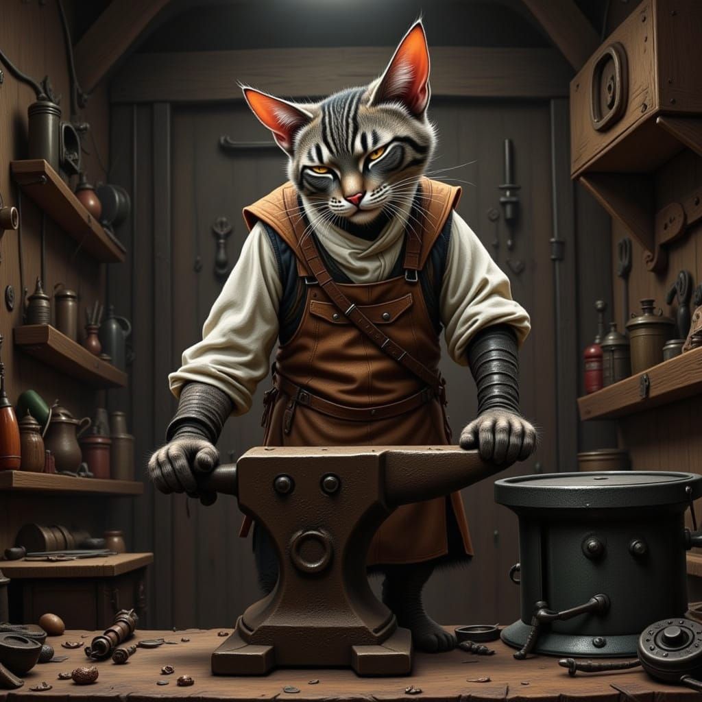 Cat Blacksmith in Rustic Workshop, Detailed Digital Art