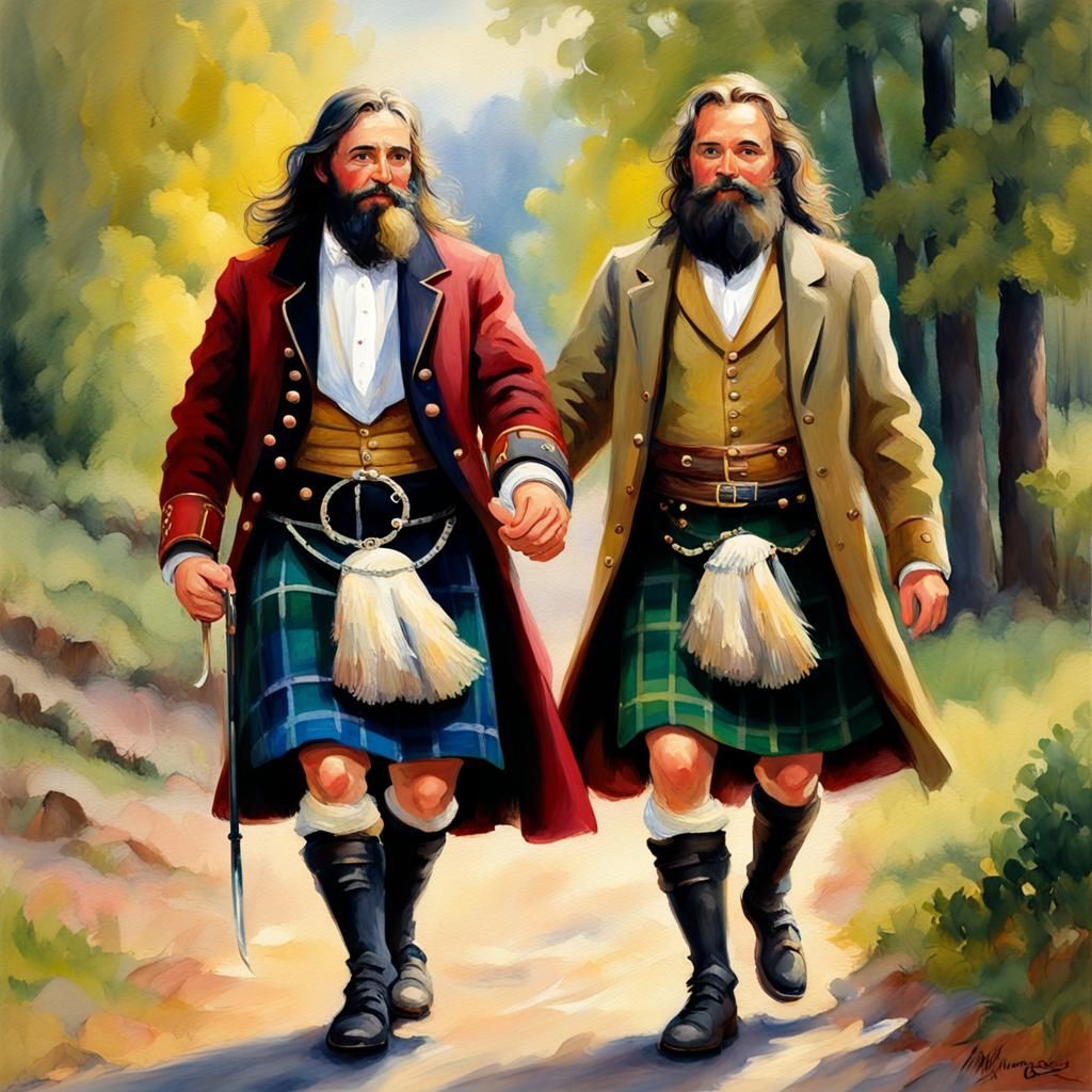 Happy Men in Kilts: An Impressionistic Gouache Painting