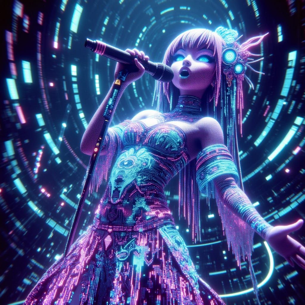 Anime Alien Woman Sings on Stage with Binary Code Patterns