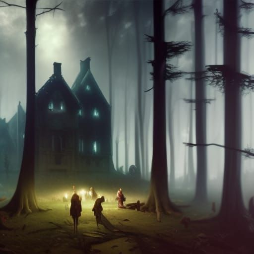 Haunted Hotel in Ghostly Forest, Dark Fantasy Art