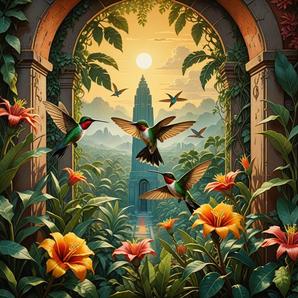 Vibrant Hummingbirds Dance in Tabasco Paradise