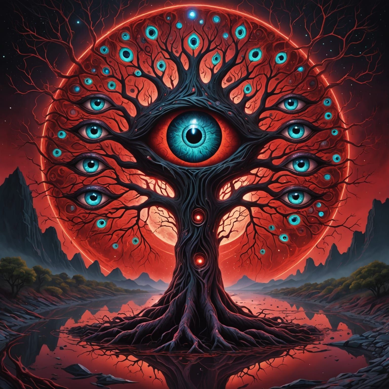Surreal Tree of Eyes in Blood River: Cosmic Illustration