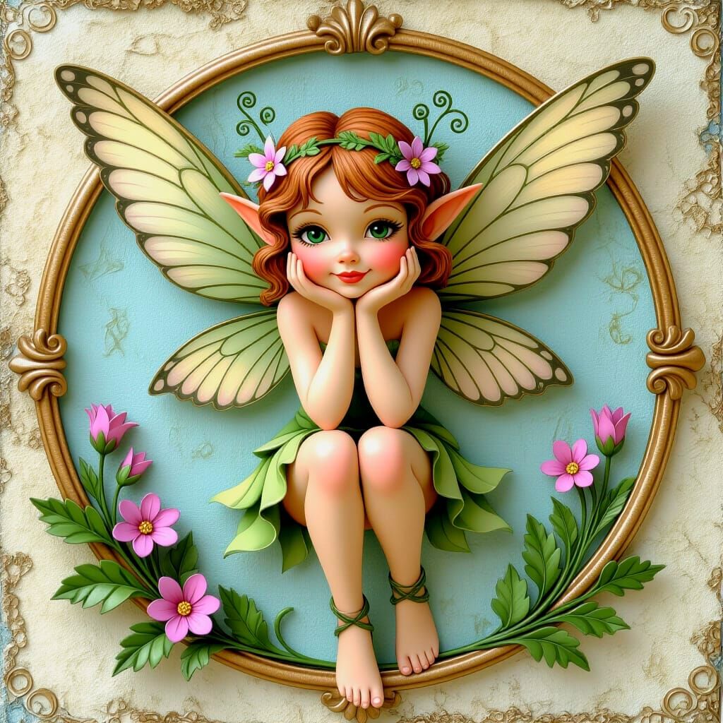 Whimsical 3D Decoupage Image of a Mischievous Faerie