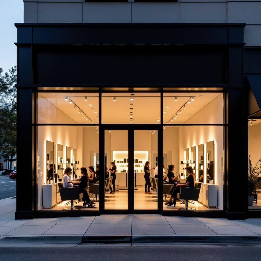 Modern Salon & Spa Exterior at Dusk, Inviting Glow