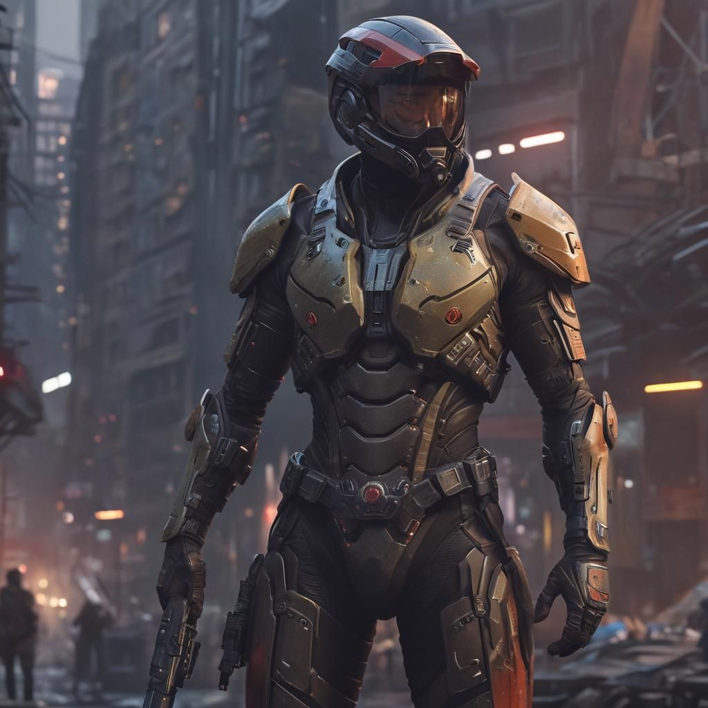 Futuristic Rebel Soldier in Cyberpunk City