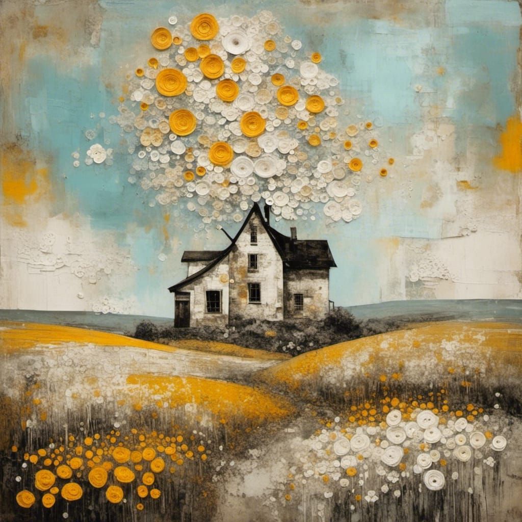 Abstract Farmhouse Landscape in Newspaper Texture Style